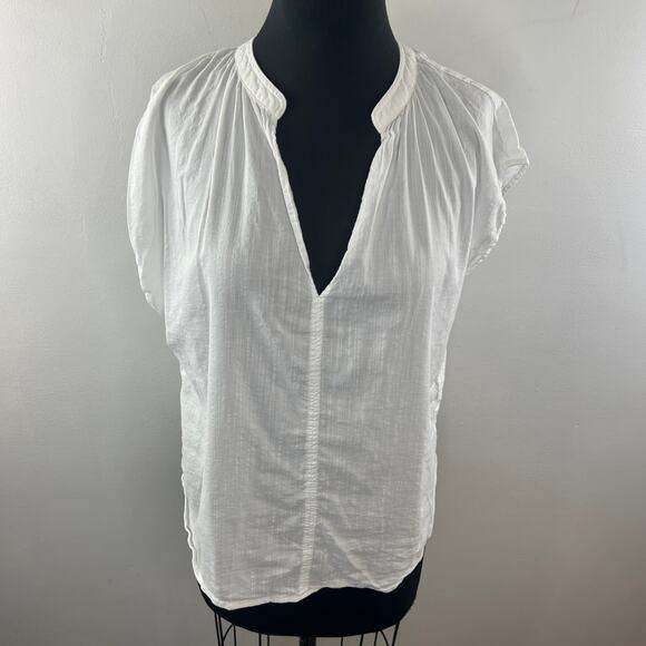 H&M White Blouse Cotton Split Neck Frill-Trimmed Cap Sleeve Pullover S M Medium - Picture 2 of 9